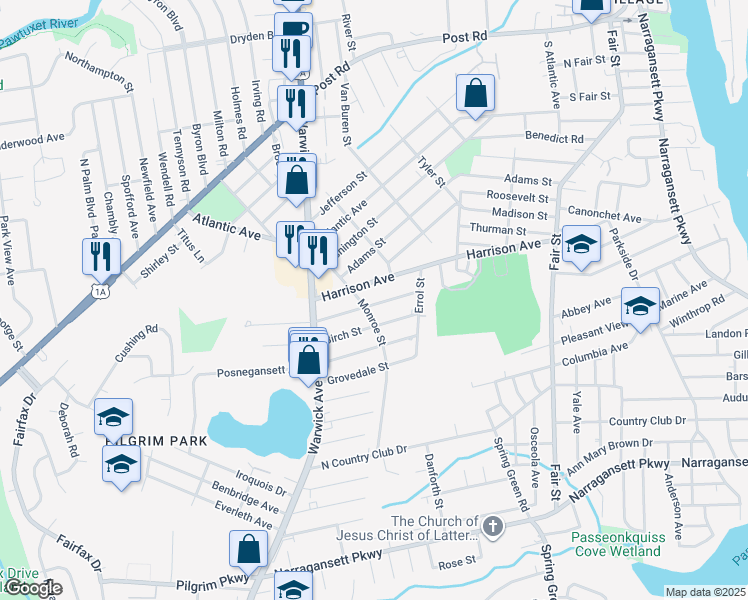 map of restaurants, bars, coffee shops, grocery stores, and more near 53 Beechcrest Street in Warwick