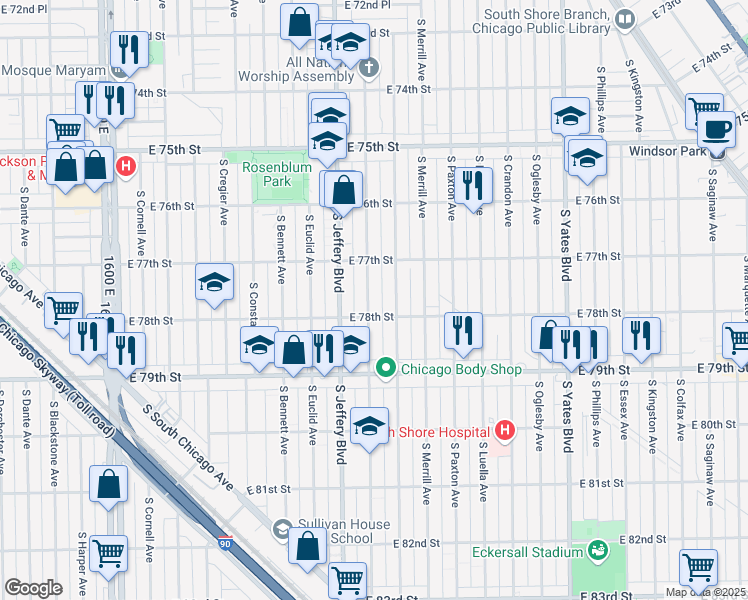 map of restaurants, bars, coffee shops, grocery stores, and more near 7741 South Chappel Avenue in Chicago