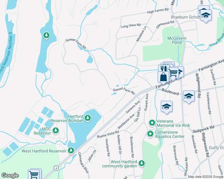 map of restaurants, bars, coffee shops, grocery stores, and more near 29 Sunset Farm Rd in West Hartford