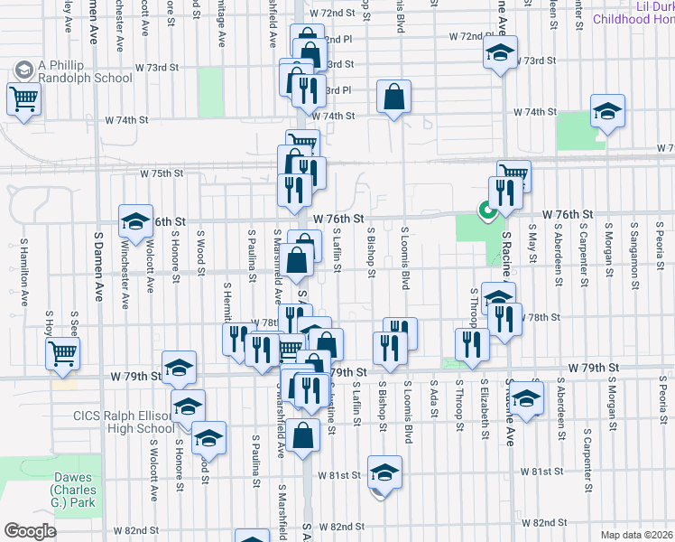 map of restaurants, bars, coffee shops, grocery stores, and more near South Laflin Street & West 77th Street in Chicago