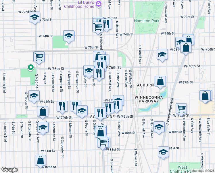 map of restaurants, bars, coffee shops, grocery stores, and more near 7704 South Emerald Avenue in Chicago