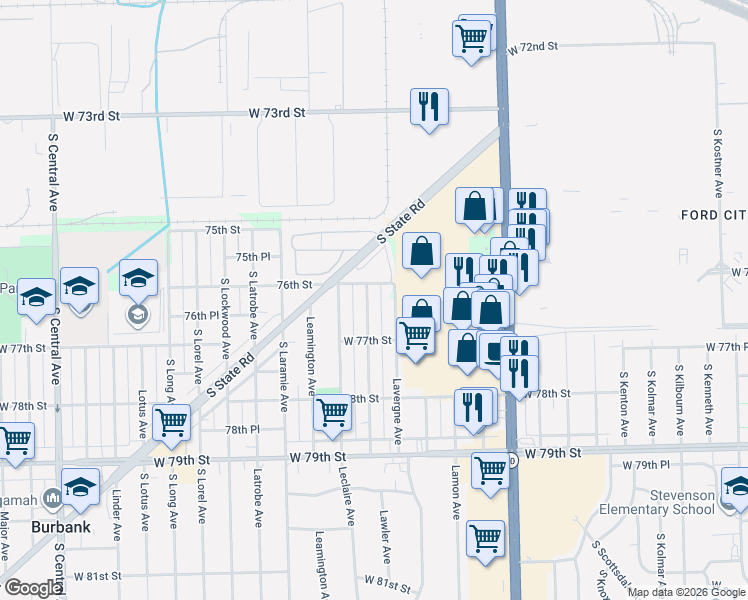 map of restaurants, bars, coffee shops, grocery stores, and more near 7611 Lawler Avenue in Burbank