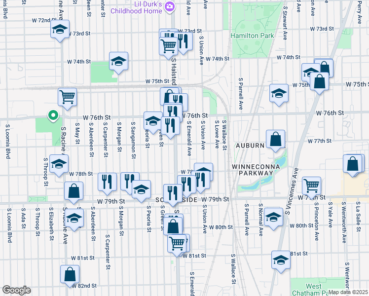 map of restaurants, bars, coffee shops, grocery stores, and more near 7704 South Emerald Avenue in Chicago