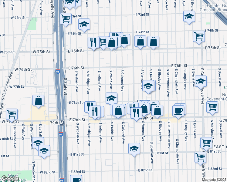 map of restaurants, bars, coffee shops, grocery stores, and more near 7723 South Prairie Avenue in Chicago