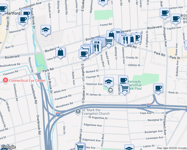 map of restaurants, bars, coffee shops, grocery stores, and more near 118 Thomas Street in West Hartford