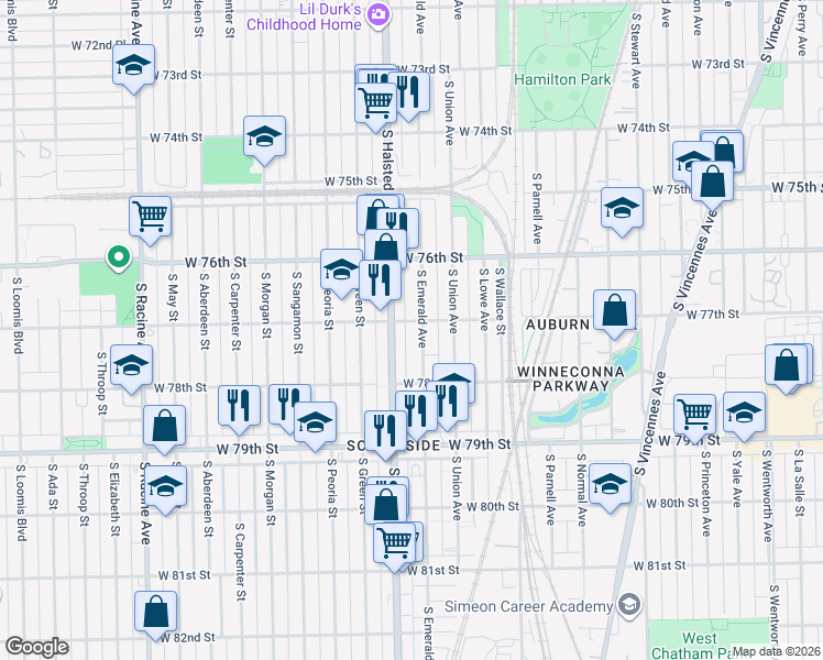 map of restaurants, bars, coffee shops, grocery stores, and more near 7704 South Emerald Avenue in Chicago