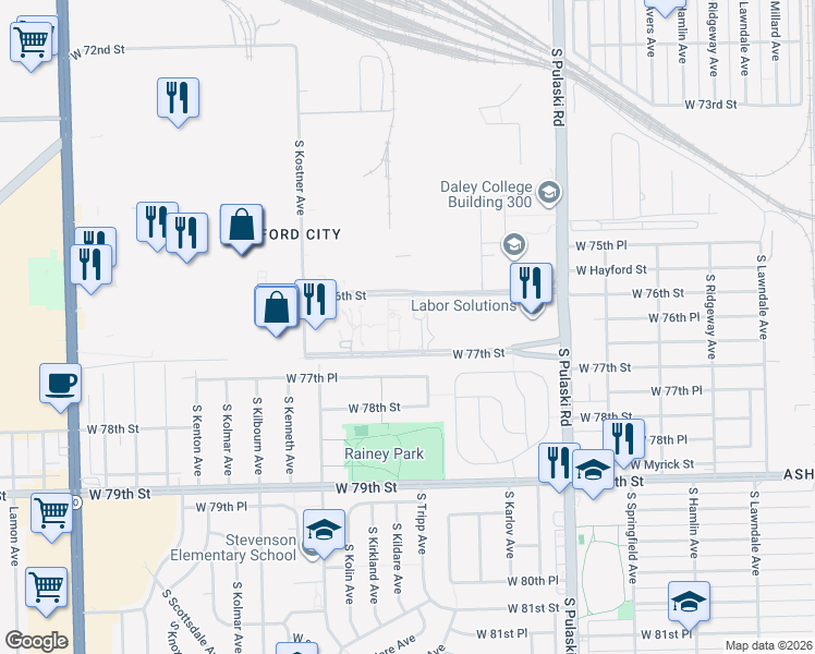 map of restaurants, bars, coffee shops, grocery stores, and more near 4246 West 77th Street in Chicago