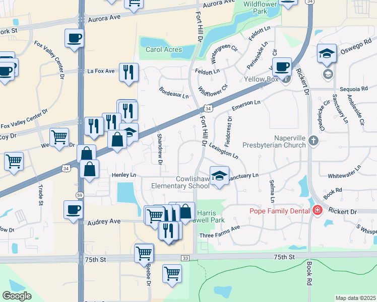 map of restaurants, bars, coffee shops, grocery stores, and more near 907 Pimpernel Court in Naperville