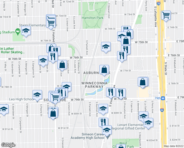 map of restaurants, bars, coffee shops, grocery stores, and more near 7707 South Fielding Avenue in Chicago