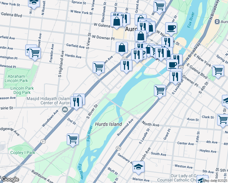 map of restaurants, bars, coffee shops, grocery stores, and more near 244d South River Street in Aurora