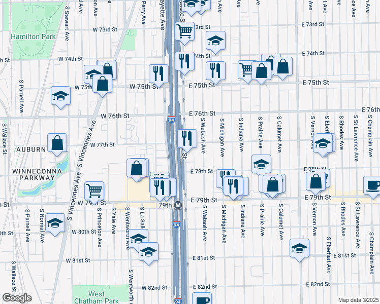 map of restaurants, bars, coffee shops, grocery stores, and more near 7715 South State Street in Chicago