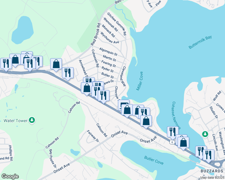 map of restaurants, bars, coffee shops, grocery stores, and more near 17 Bungalow Lane in Wareham