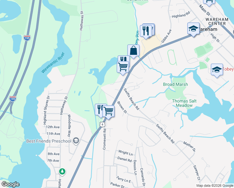 map of restaurants, bars, coffee shops, grocery stores, and more near 33 Brown Street in Wareham