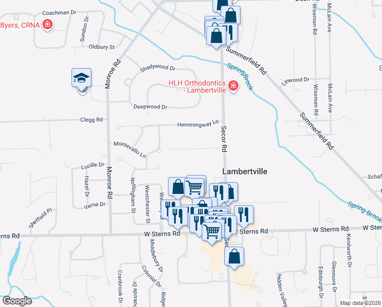 map of restaurants, bars, coffee shops, grocery stores, and more near 3383 Woodmont Drive in Lambertville