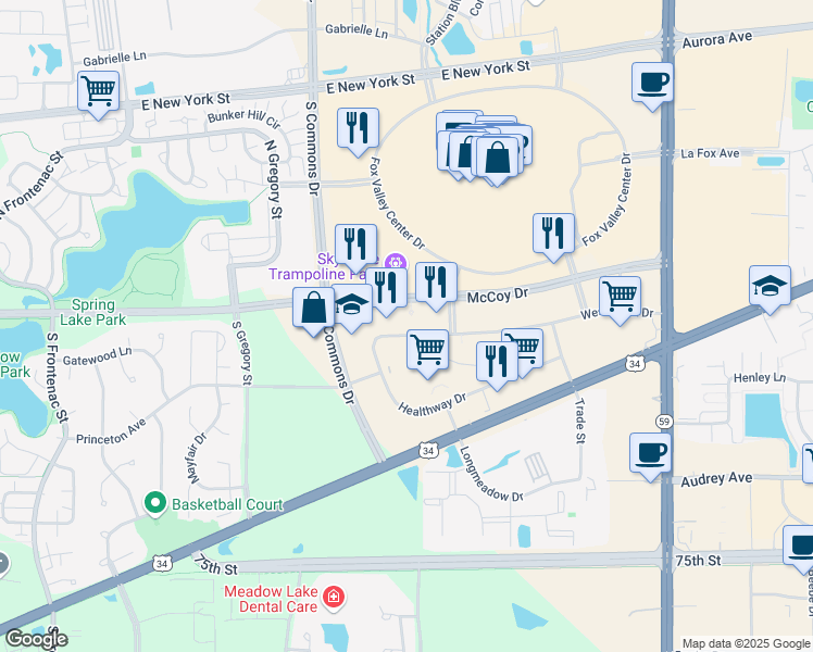 map of restaurants, bars, coffee shops, grocery stores, and more near 125 Healthway Drive in Aurora
