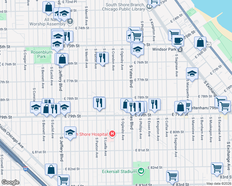 map of restaurants, bars, coffee shops, grocery stores, and more near 7745 South Crandon Avenue in Chicago