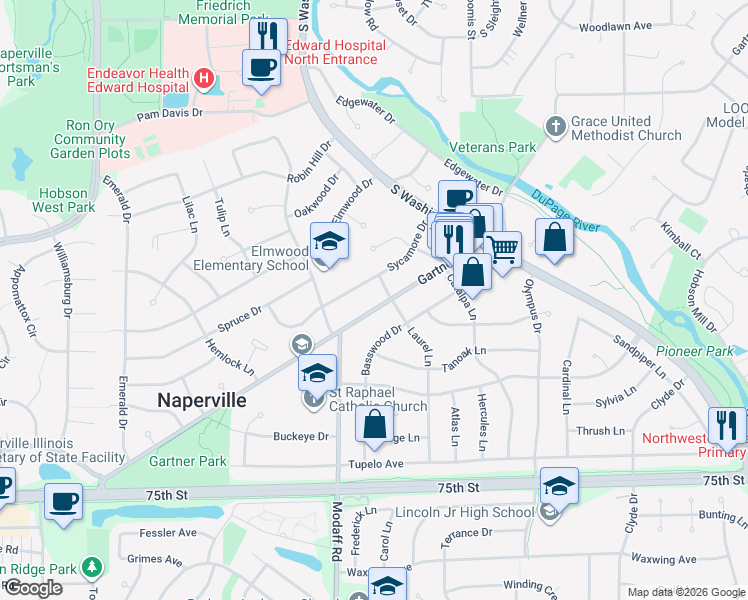 map of restaurants, bars, coffee shops, grocery stores, and more near 309 West Gartner Road in Naperville
