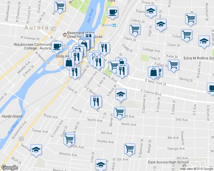 map of restaurants, bars, coffee shops, grocery stores, and more near 422 East Downer Place in Aurora