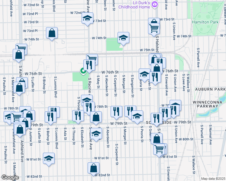 map of restaurants, bars, coffee shops, grocery stores, and more near 7700 South Carpenter Street in Chicago