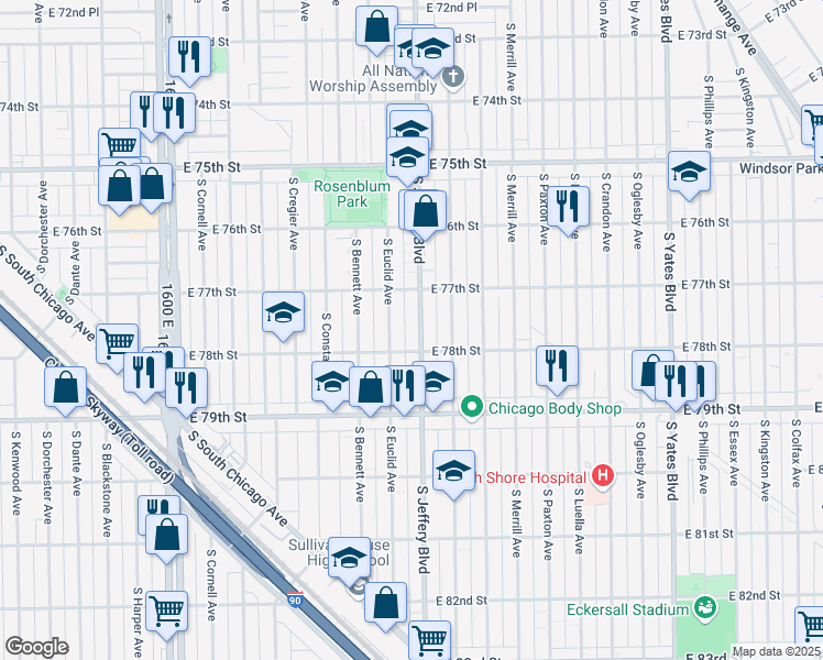 map of restaurants, bars, coffee shops, grocery stores, and more near 7738 South Jeffery Boulevard in Chicago