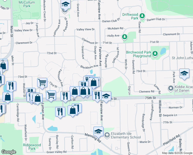 map of restaurants, bars, coffee shops, grocery stores, and more near 7333 Grand Avenue in Downers Grove