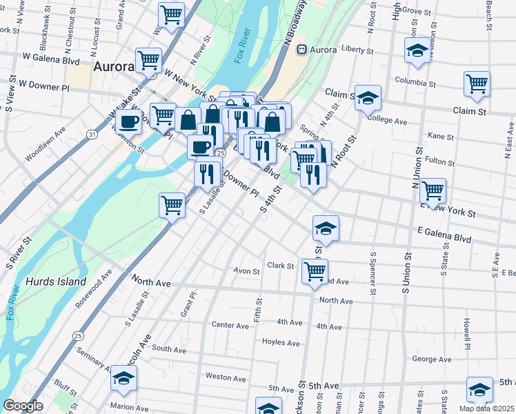 map of restaurants, bars, coffee shops, grocery stores, and more near 331 East Downer Place in Aurora
