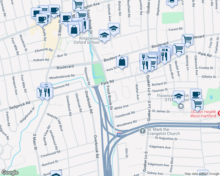 map of restaurants, bars, coffee shops, grocery stores, and more near 708 Trout Brook Drive in West Hartford