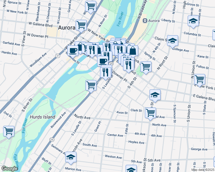 map of restaurants, bars, coffee shops, grocery stores, and more near 110 South Lasalle Street in Aurora