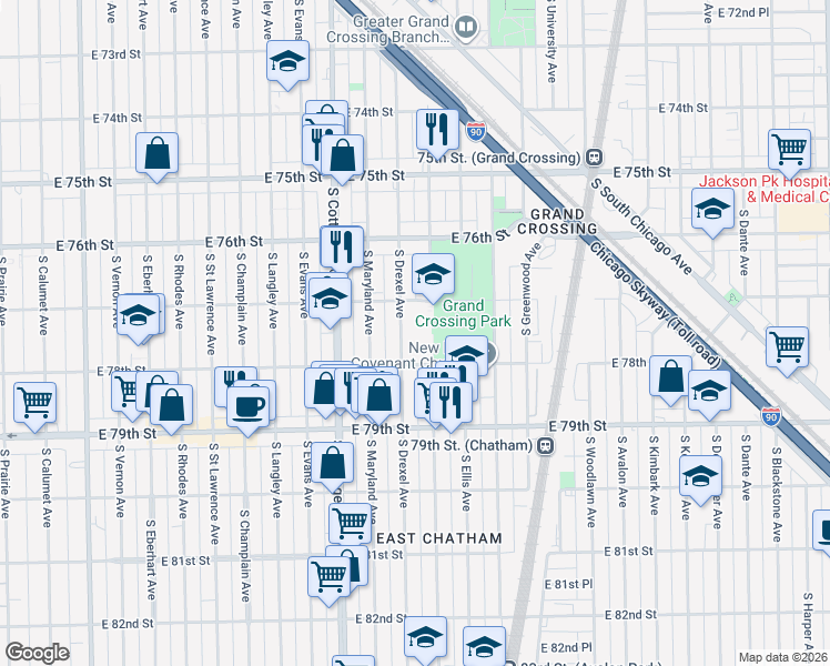 map of restaurants, bars, coffee shops, grocery stores, and more near 7740 South Ingleside Avenue in Chicago