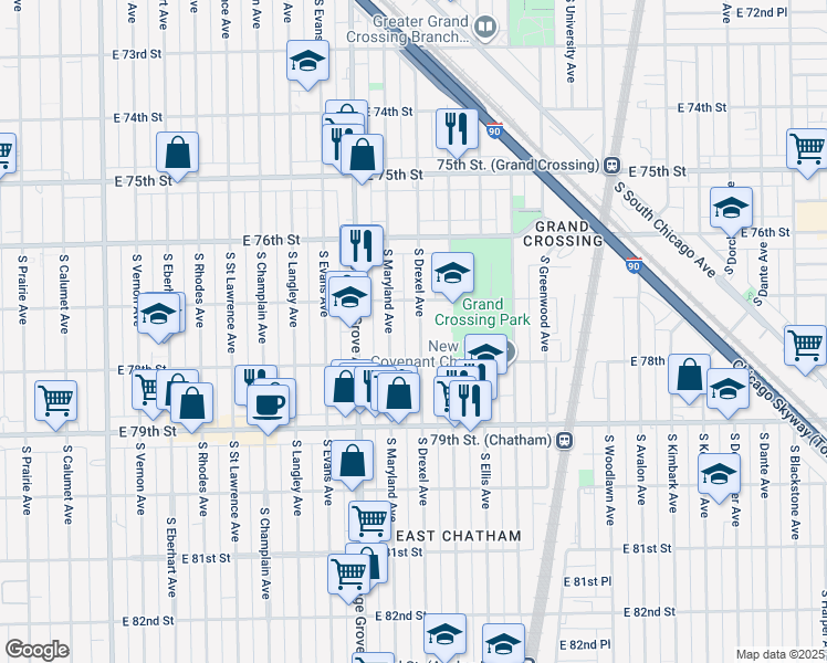 map of restaurants, bars, coffee shops, grocery stores, and more near 7728 South Drexel Avenue in Chicago