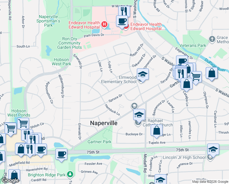 map of restaurants, bars, coffee shops, grocery stores, and more near 220 Elmwood Drive in Naperville