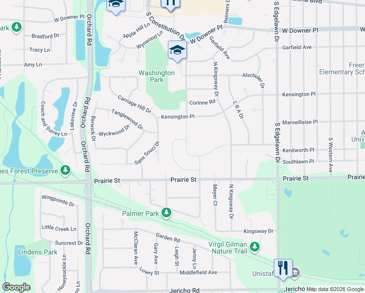map of restaurants, bars, coffee shops, grocery stores, and more near 375 South Constitution Drive in Aurora