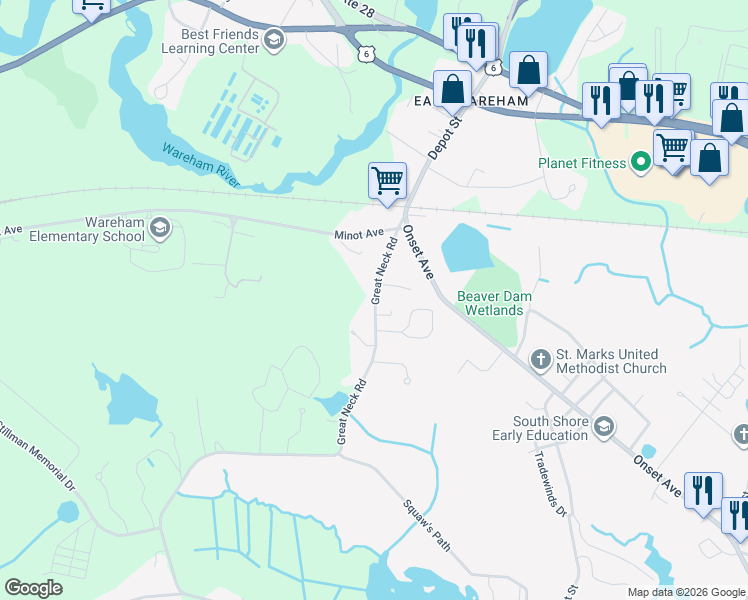 map of restaurants, bars, coffee shops, grocery stores, and more near 15 Great Neck Road in Wareham