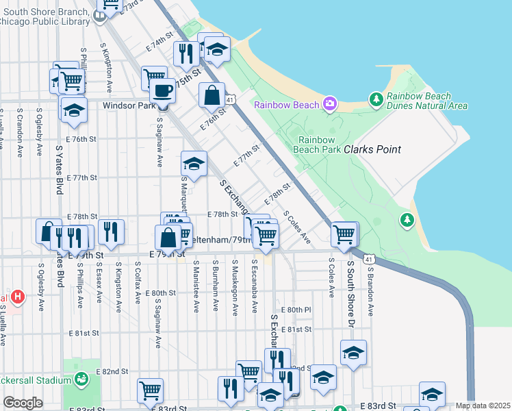 map of restaurants, bars, coffee shops, grocery stores, and more near 2921 East 78th Street in Chicago