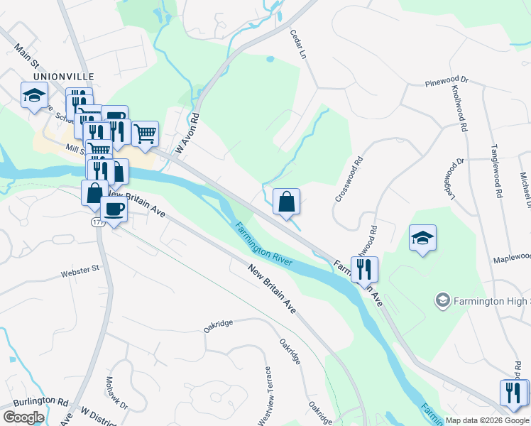 map of restaurants, bars, coffee shops, grocery stores, and more near 1686 Farmington Avenue in Farmington