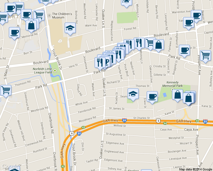 map of restaurants, bars, coffee shops, grocery stores, and more near 308 Quaker Lane South in West Hartford