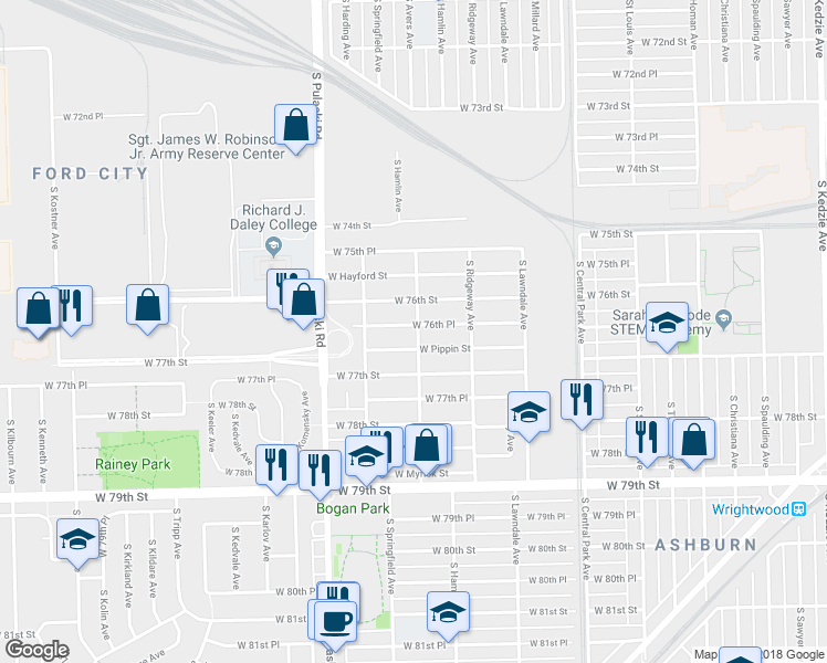map of restaurants, bars, coffee shops, grocery stores, and more near 3801 West 76th Place in Chicago
