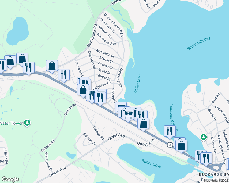 map of restaurants, bars, coffee shops, grocery stores, and more near 35 Choctaw Drive in Wareham