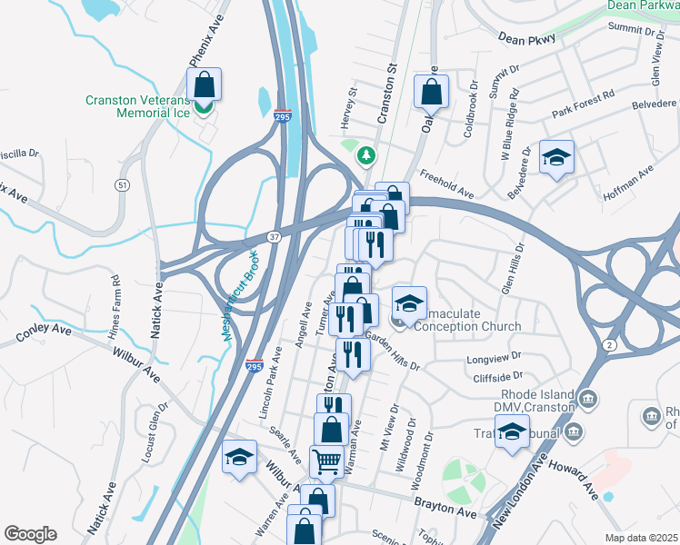 map of restaurants, bars, coffee shops, grocery stores, and more near 2593 Cranston Street in Cranston