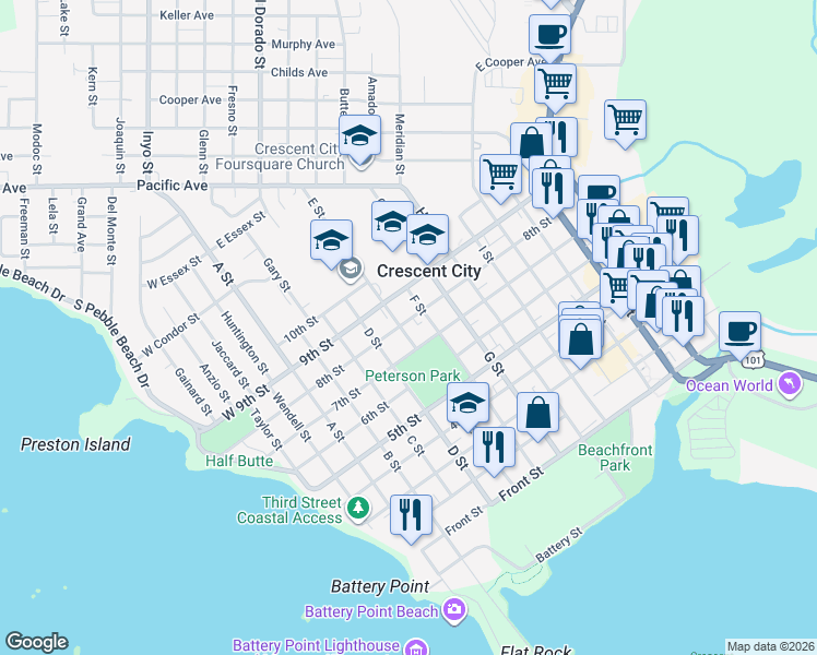 map of restaurants, bars, coffee shops, grocery stores, and more near 755 E Street in Crescent City