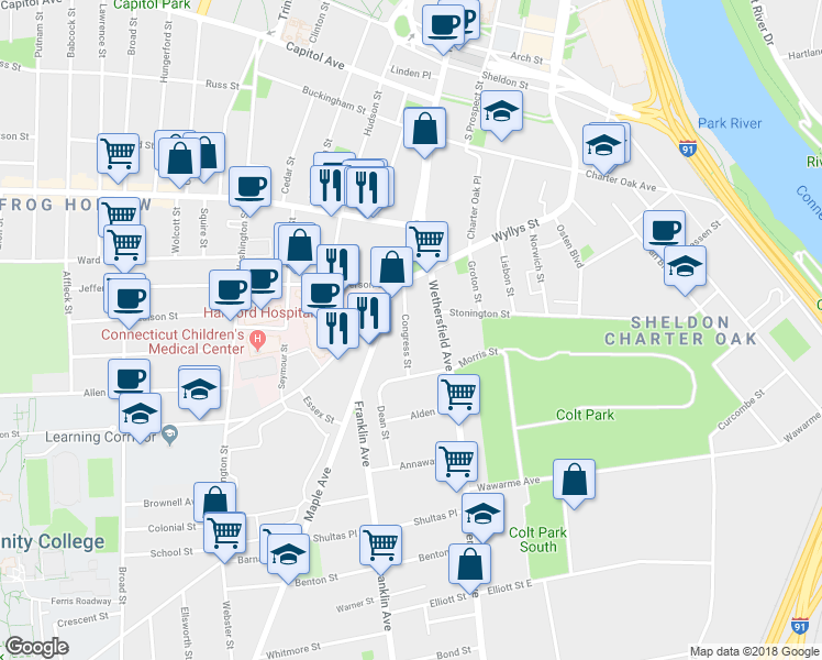 map of restaurants, bars, coffee shops, grocery stores, and more near 27 Congress Street in Hartford