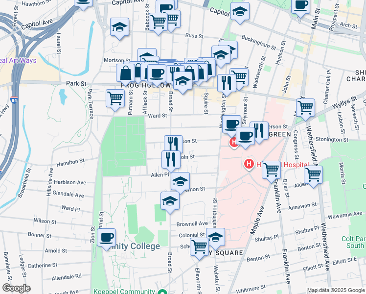 map of restaurants, bars, coffee shops, grocery stores, and more near 59 Madison Street in Hartford
