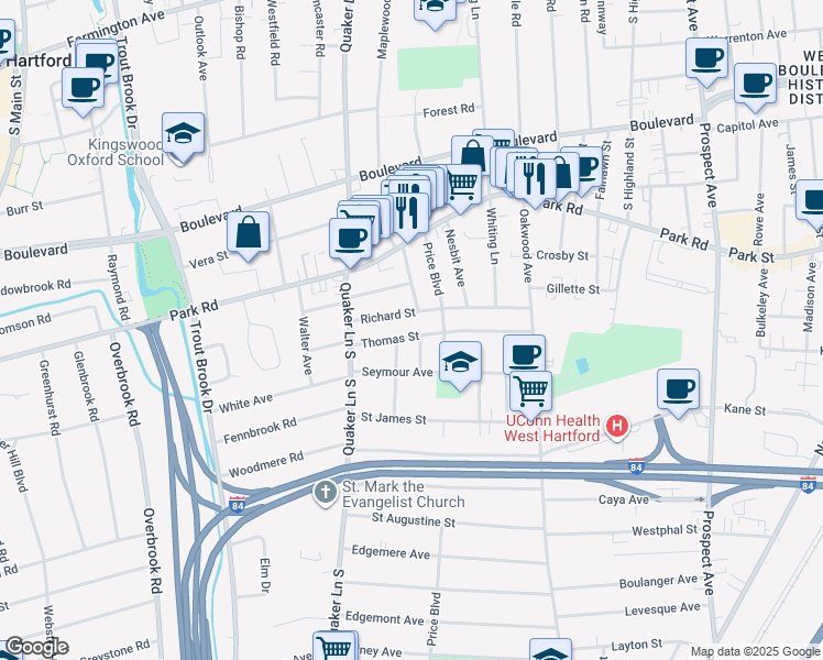 map of restaurants, bars, coffee shops, grocery stores, and more near 118 Thomas Street in West Hartford