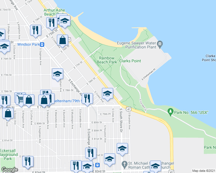 map of restaurants, bars, coffee shops, grocery stores, and more near 7826 South South Shore Drive in Chicago