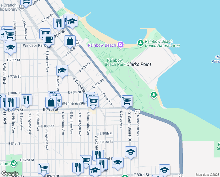 map of restaurants, bars, coffee shops, grocery stores, and more near 7826 South South Shore Drive in Chicago