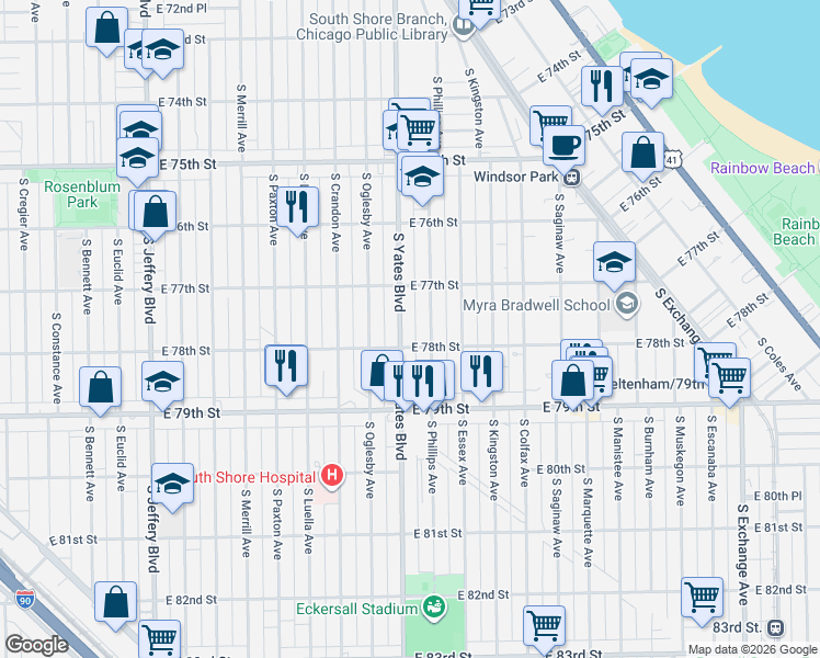 map of restaurants, bars, coffee shops, grocery stores, and more near 7742 South Phillips Avenue in Chicago