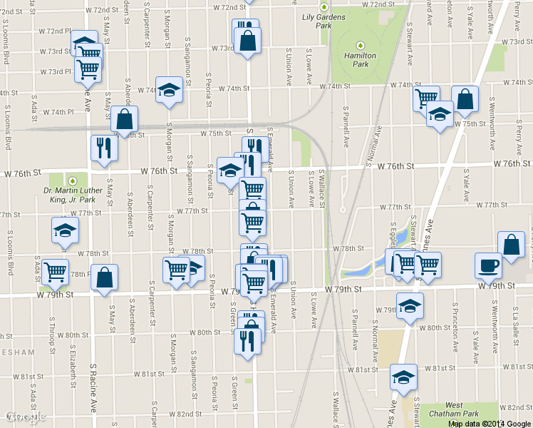 map of restaurants, bars, coffee shops, grocery stores, and more near 7704 South Emerald Avenue in Chicago