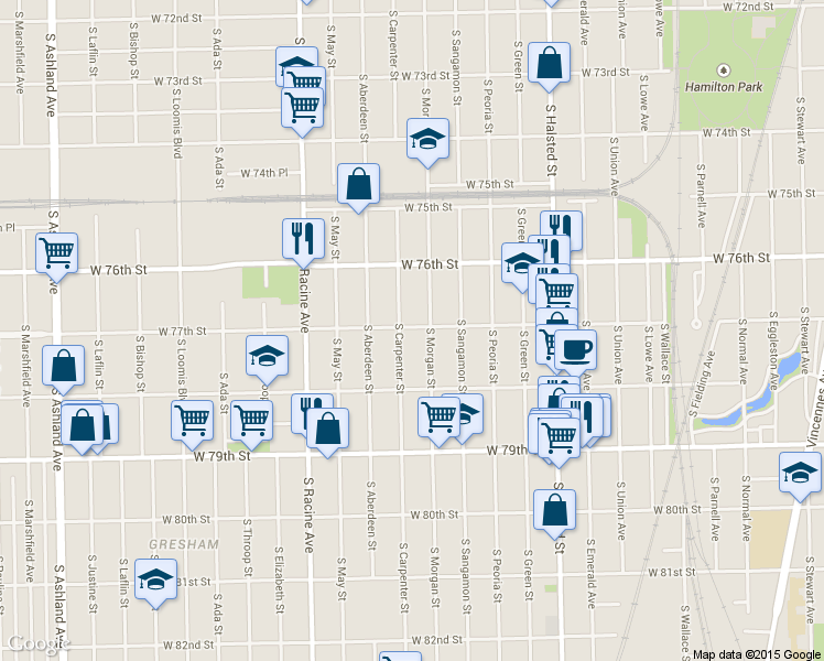 map of restaurants, bars, coffee shops, grocery stores, and more near 1005 West 77th Street in Chicago