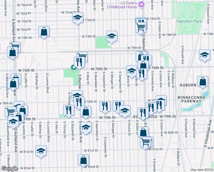 map of restaurants, bars, coffee shops, grocery stores, and more near 1005 West 77th Street in Chicago
