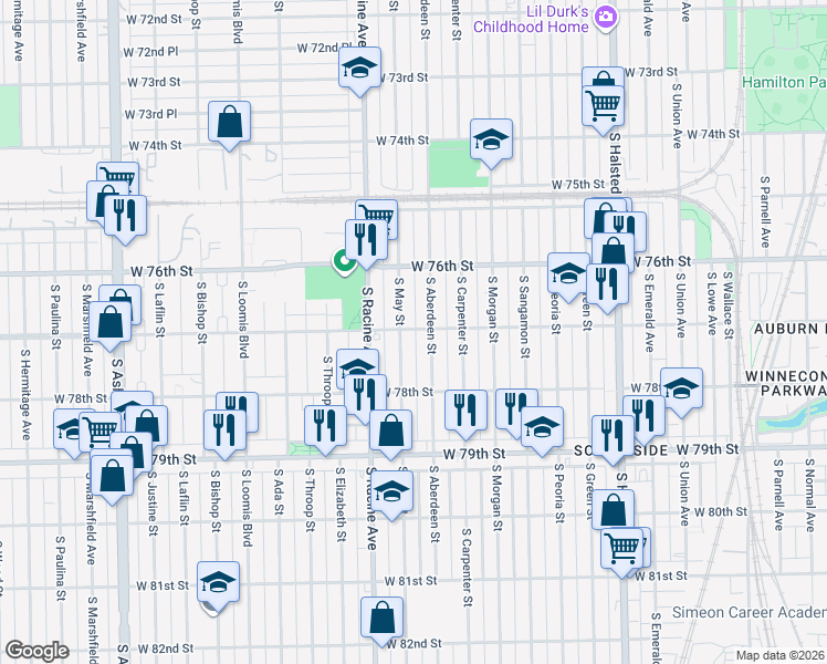 map of restaurants, bars, coffee shops, grocery stores, and more near 7701 South May Street in Chicago